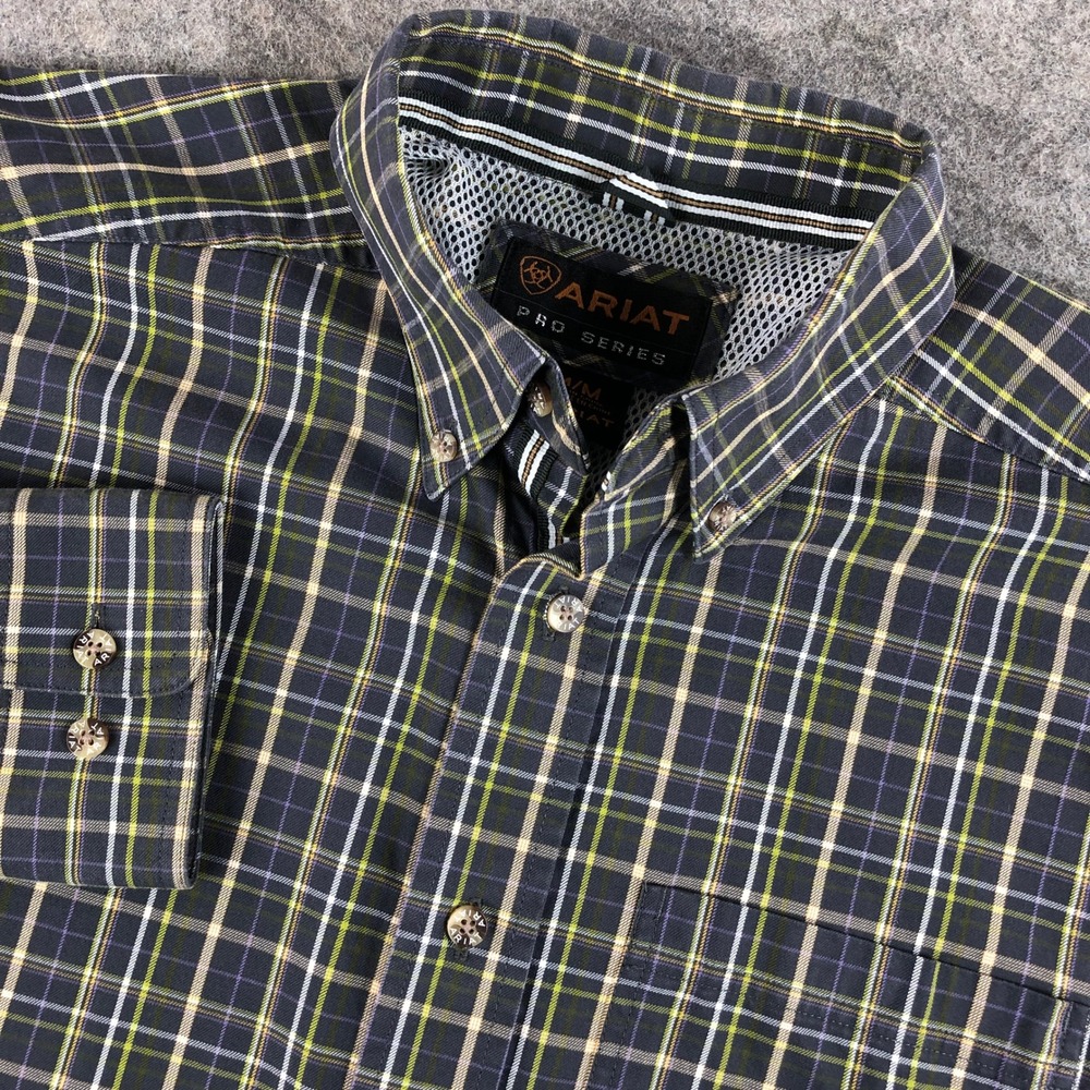 Ariat Pro Series Shirt Mens M Black Green Plaid Long Sleeve Western Cowboy